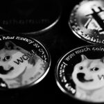 Monochrome image focusing on physical Dogecoin and Bitcoin coins, highlighting cryptocurrency.